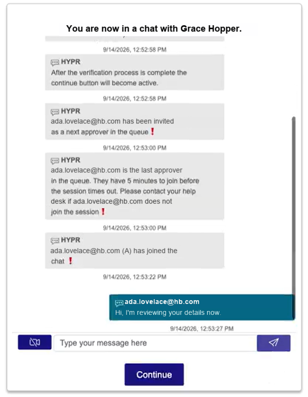 Approver chat: You are now in a chat with the requester, with the message field and the Continue button