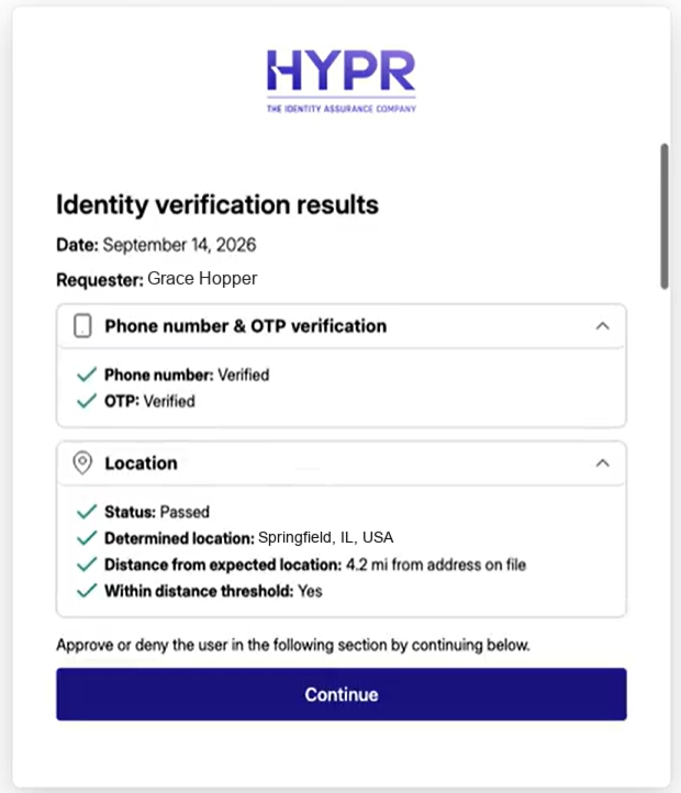 Identity verification results with the Phone number and OTP verification and Location sections expanded