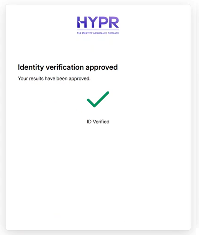 Identity verification approved screen with a check mark and ID Verified