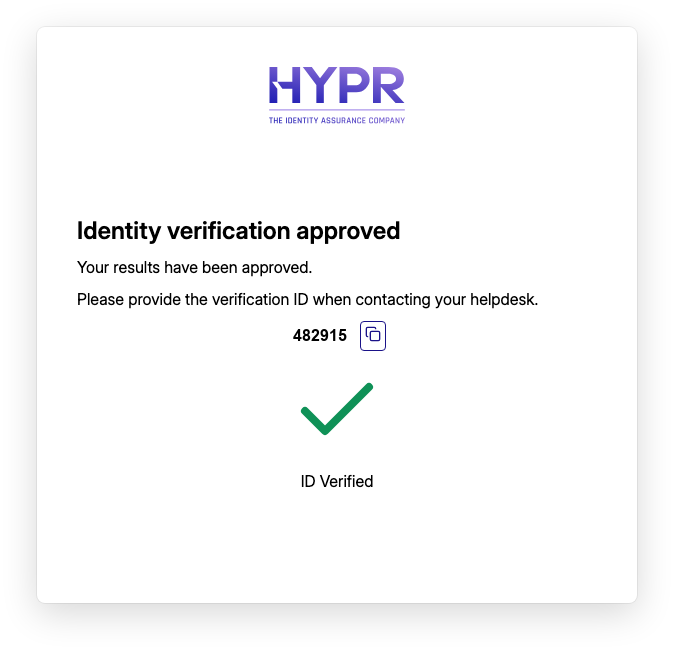 Identity verification approved screen showing the verification ID with a copy button