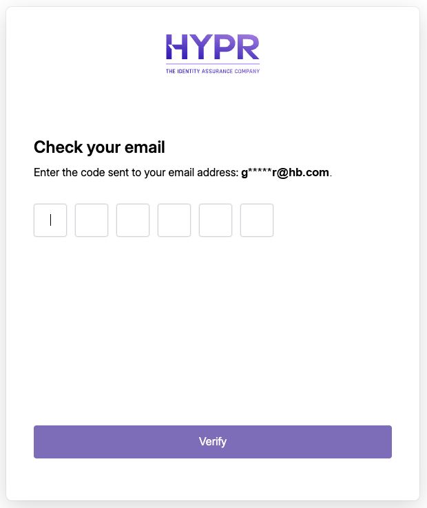 Check your email code screen with the masked email address and six code boxes
