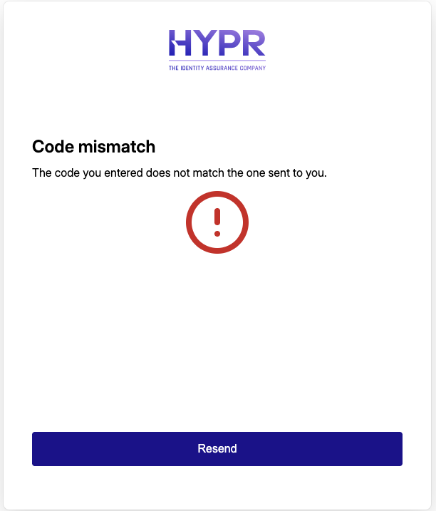 Code mismatch screen with the Resend button