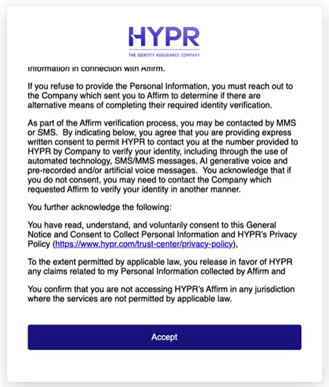 Consent screen scrolled to the end of the notice, with the Accept button available