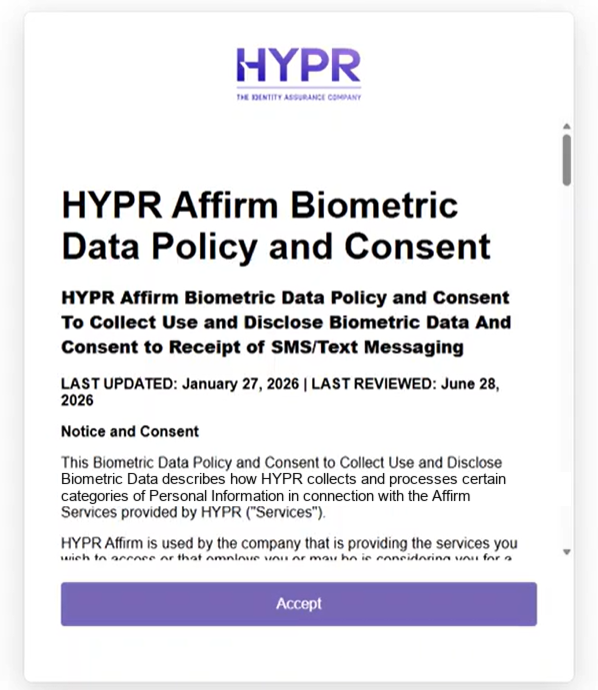Consent screen opening on the HYPR Affirm Biometric Data Policy and Consent, with the Accept button not yet available