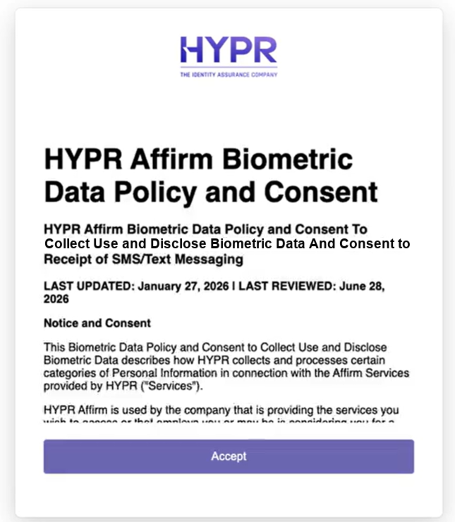 Consent screen for a flow with Document and Biometric Verification, opening on the HYPR Affirm Biometric Data Policy and Consent with Accept not yet available