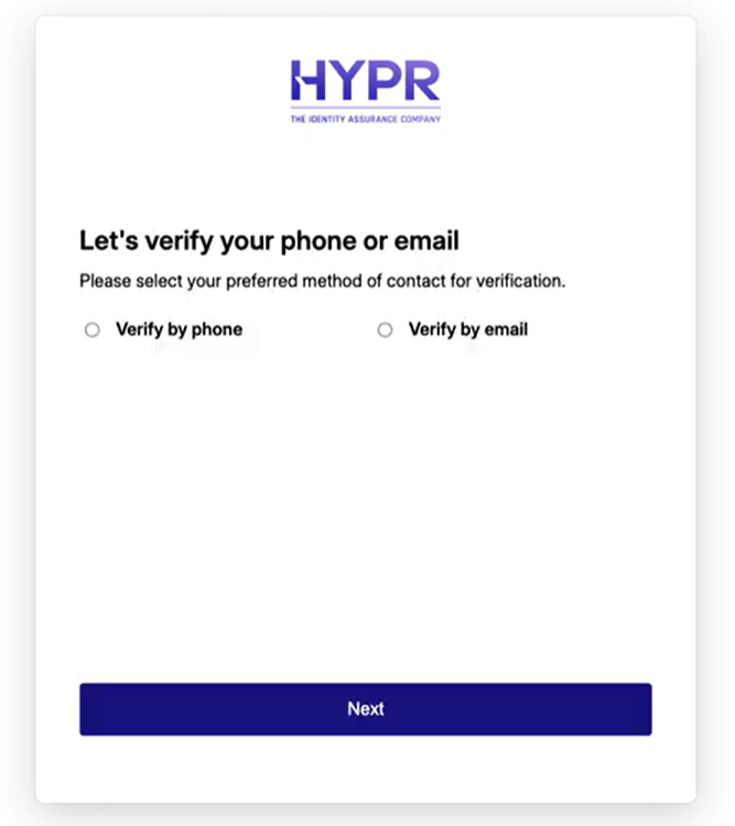 Contact screen for a flow that offers both channels: Let's verify your phone or email, with Verify by phone and Verify by email