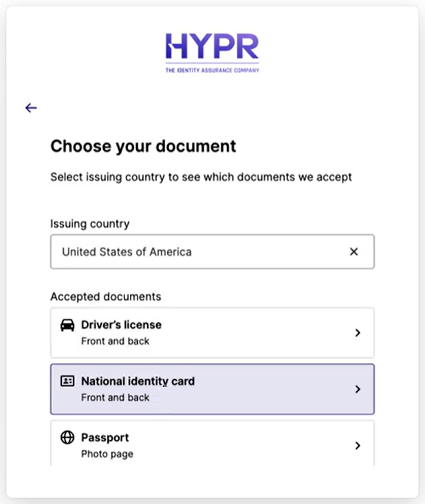 Choose your document screen with the issuing country and the accepted document types