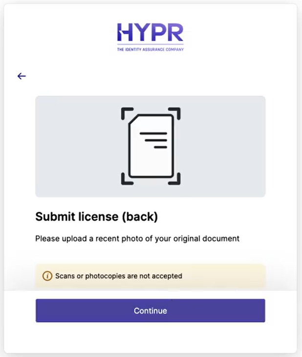 Submit license (back) screen with the Continue button