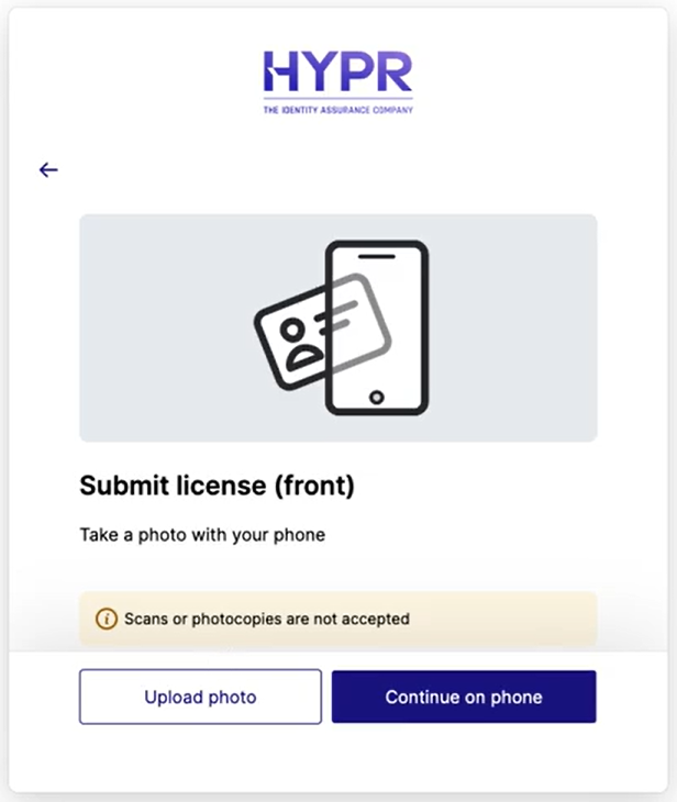 Submit license (front) screen with the Upload photo and Continue on phone buttons
