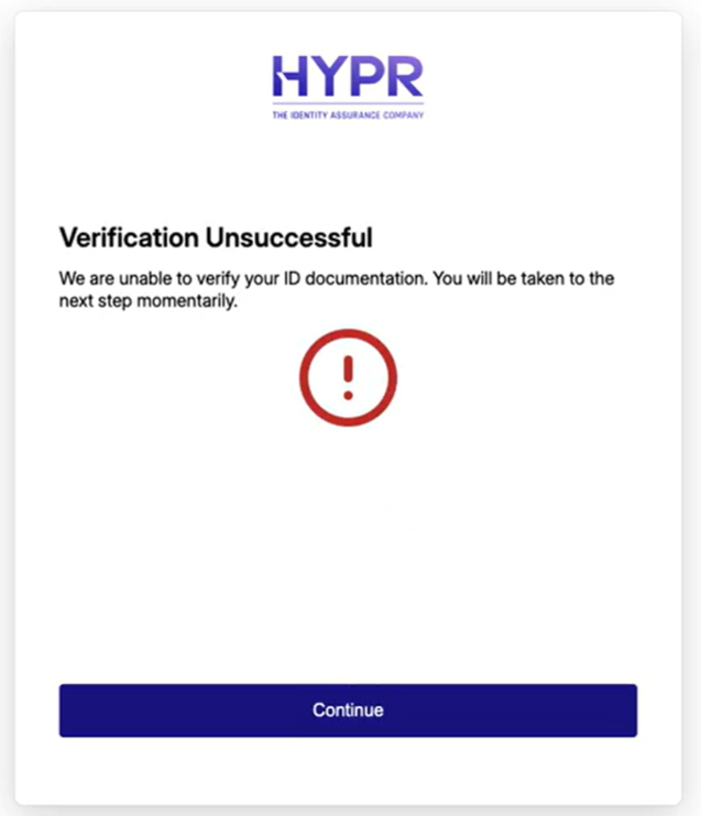 Verification Unsuccessful screen for the document step with the Continue button