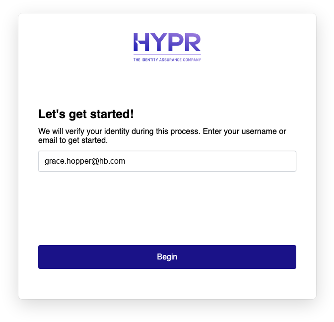 Login identifier screen: Let's get started, with the username or email field and the Begin button