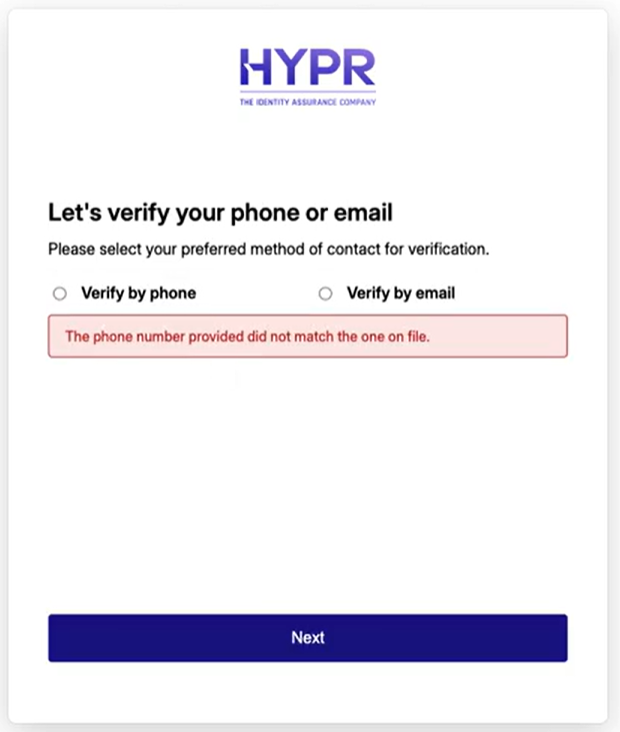 Contact screen showing The phone number provided did not match the one on file