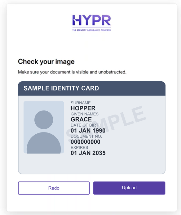 Check your image screen with the photo ID preview and the Redo and Upload buttons