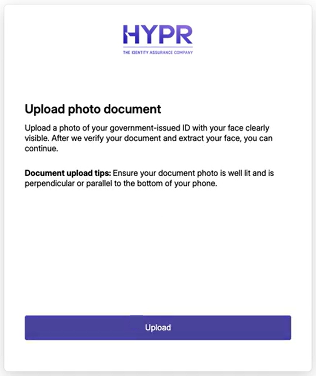 Upload photo document screen with the document upload tips and the Upload button