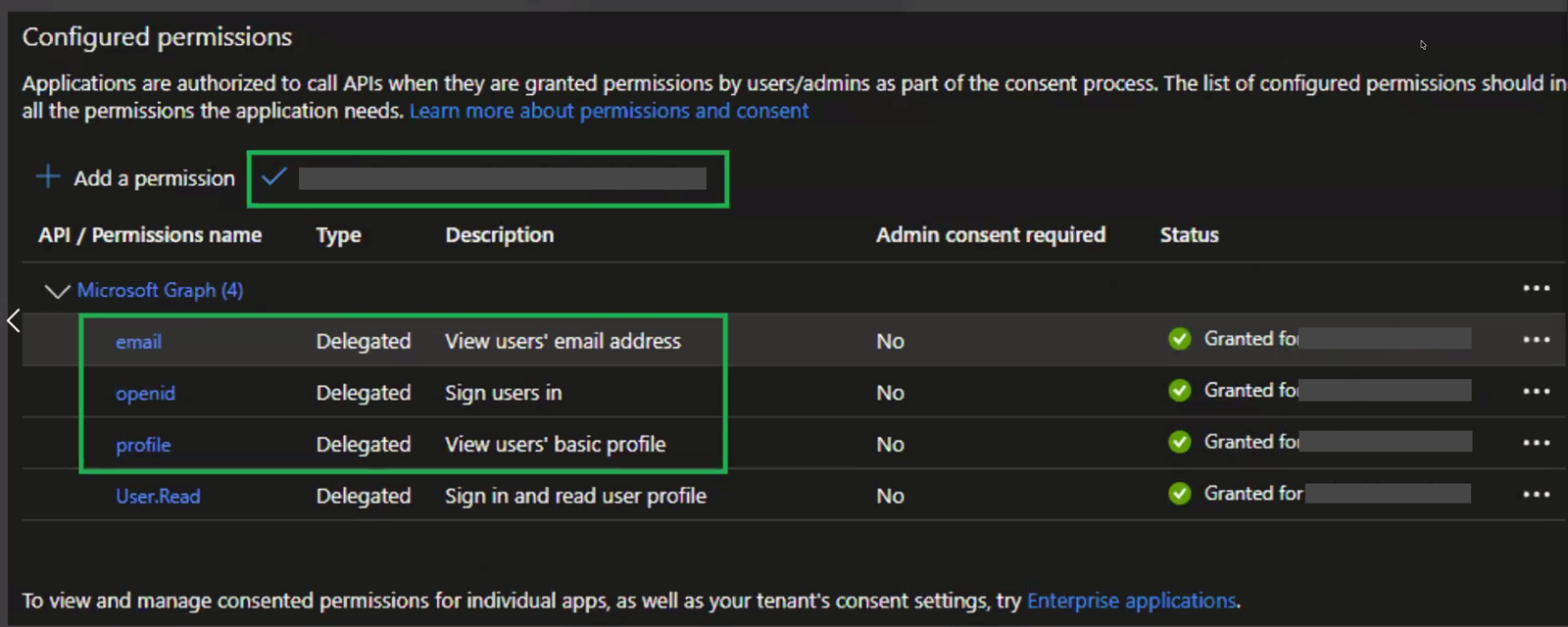 Configured permissions, with the Microsoft Graph delegated permissions email, openid and profile granted