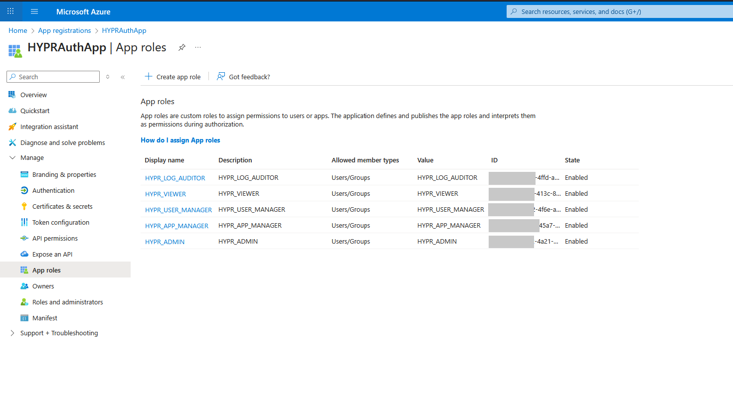 The App roles page listing the five HYPR roles, each enabled for users and groups