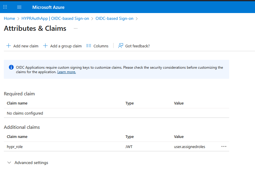 Attributes & Claims, with the hypr_role claim taking its value from user.assignedroles