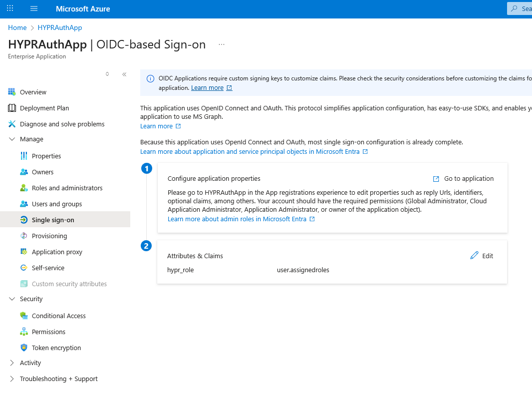 The OIDC-based Sign-on page of the enterprise application, with the Attributes & Claims section