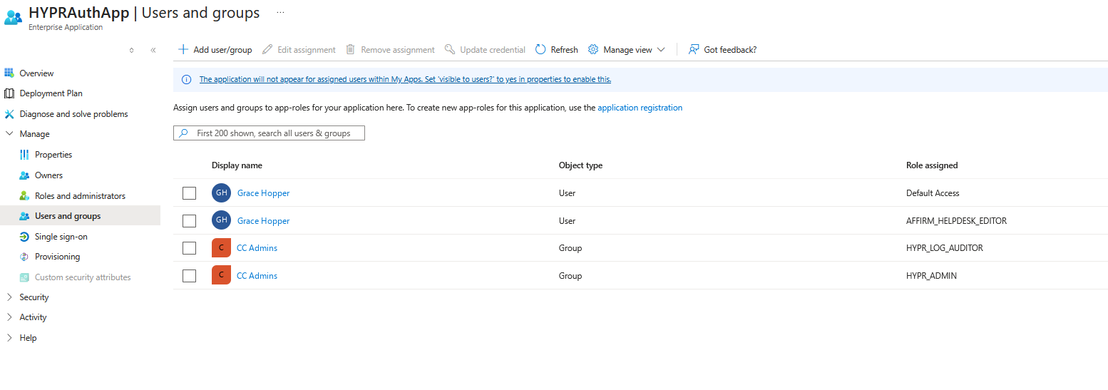 The Users and groups page of the enterprise application, where a user and a group each hold two role assignments, including a group with both HYPR_LOG_AUDITOR and HYPR_ADMIN