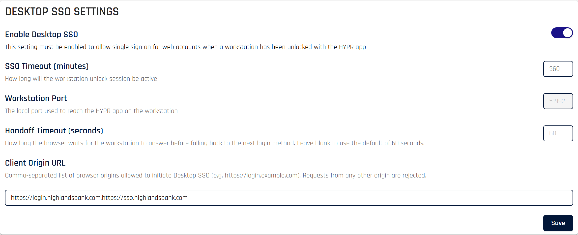 Desktop SSO Settings panel with Enable Desktop SSO turned on, showing SSO Timeout (minutes) set to 360, a read-only Workstation Port of 51992, an empty Handoff Timeout (seconds) field with its 60-second default as placeholder, and two origins in Client Origin URL