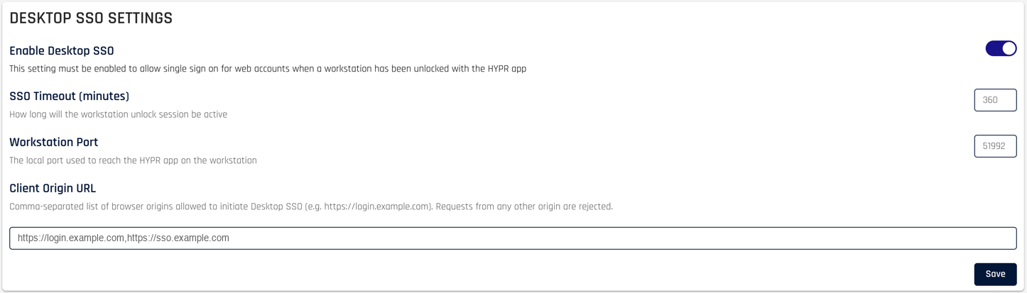 Desktop SSO Settings panel with Enable Desktop SSO turned on, showing the SSO Timeout, Workstation Port, and Client Origin URL fields