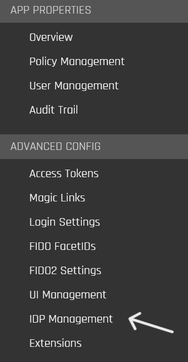 Advanced Config section of the navigation pane with IDP Management indicated