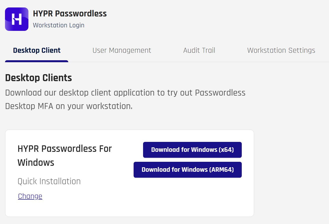 Desktop Client tab of the HYPR Passwordless Workstation page, showing the HYPR Passwordless for Windows card set to Quick Installation with Download for Windows (x64) and Download for Windows (ARM64) buttons