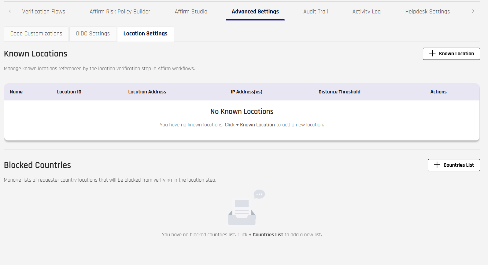 Affirm Location Settings with Known Locations panel and sanctioned-country block list