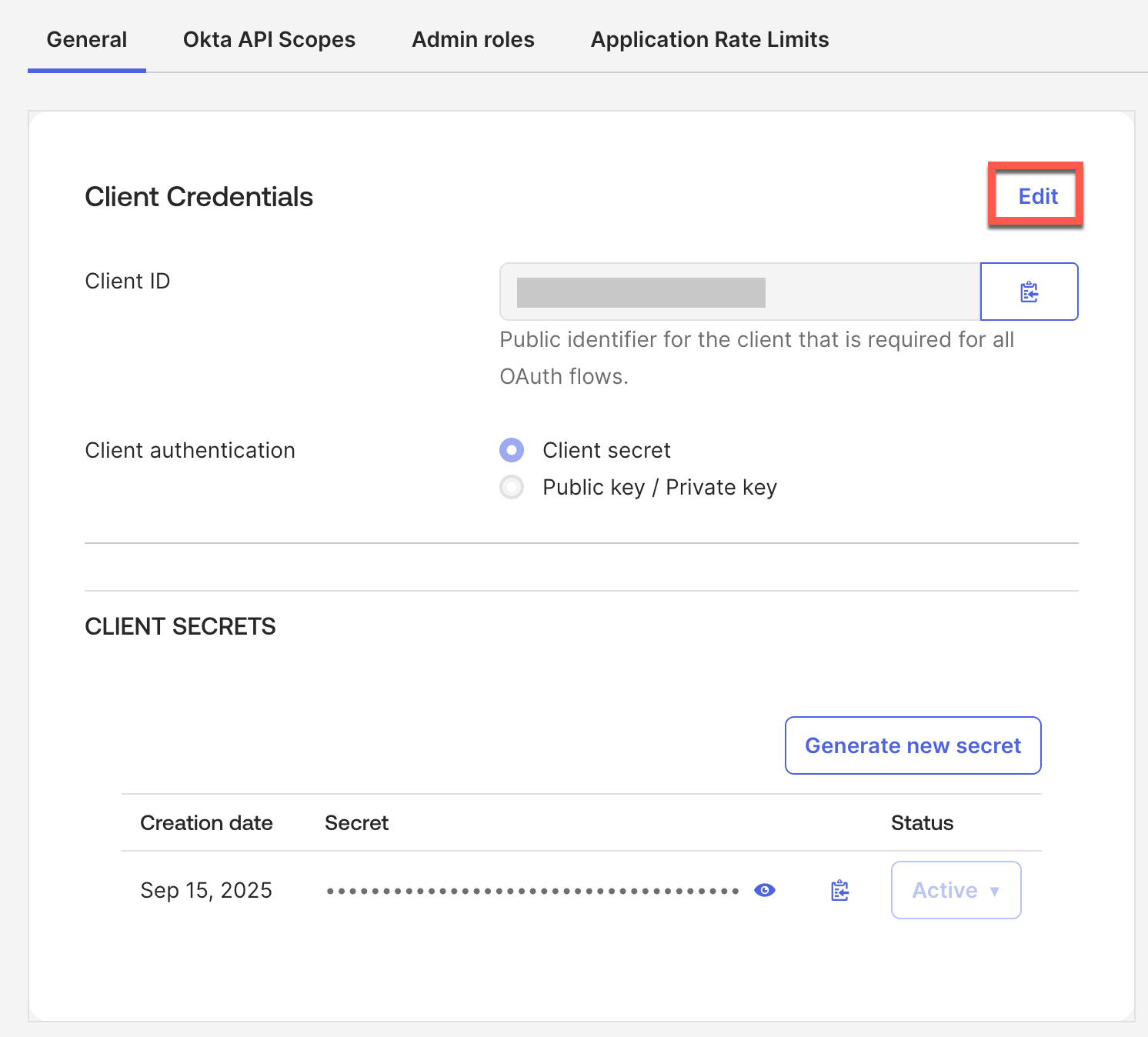 The Client Credentials section, with the Edit button and the Client authentication options