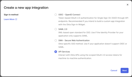Create a new app integration, with API Services selected