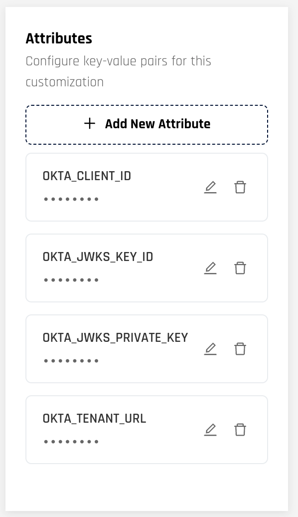 The Attributes panel of a customization, listing the four Okta attributes with their values masked