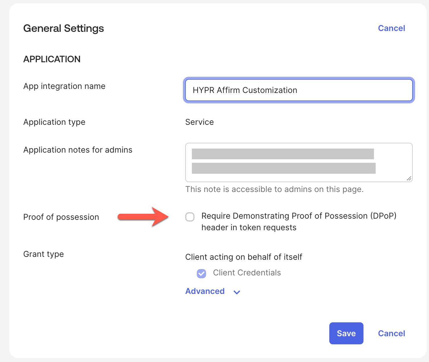 General Settings, with the Require Demonstrating Proof of Possession (DPoP) header in token requests option cleared