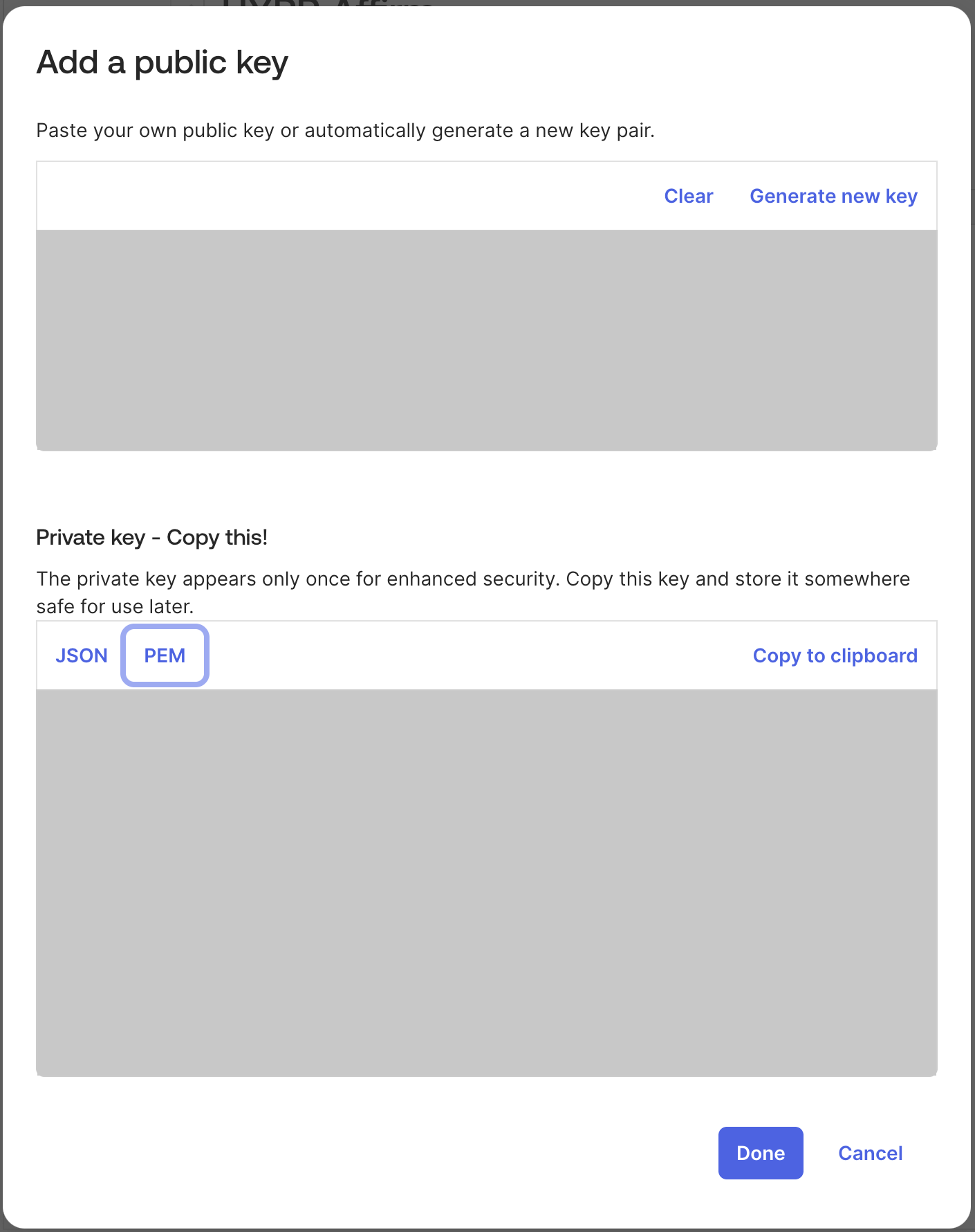 The Add a public key dialog after generating a key pair, with the private key shown in PEM format and the key values hidden