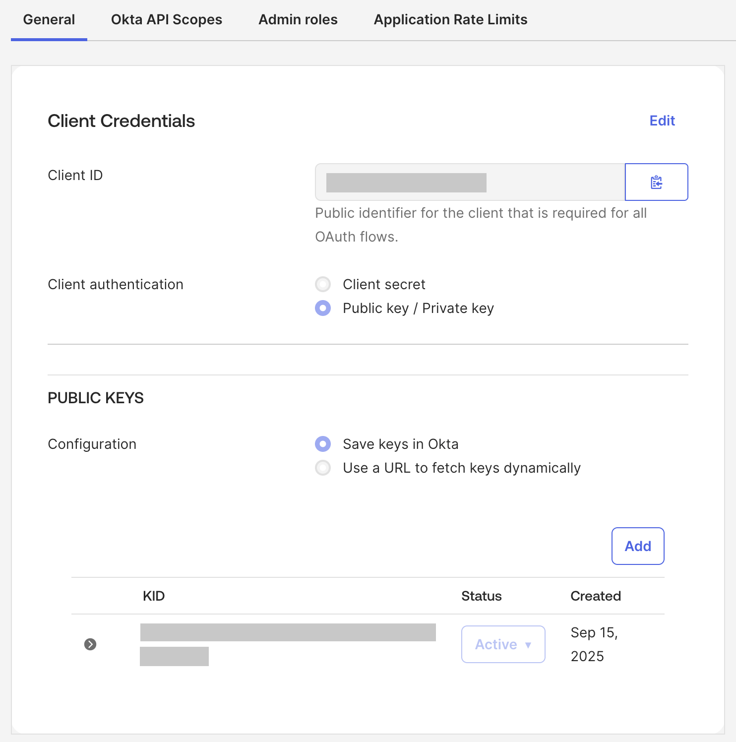The Client Credentials section with Public key / Private key selected and the new key listed as Active, with the client ID and key ID hidden