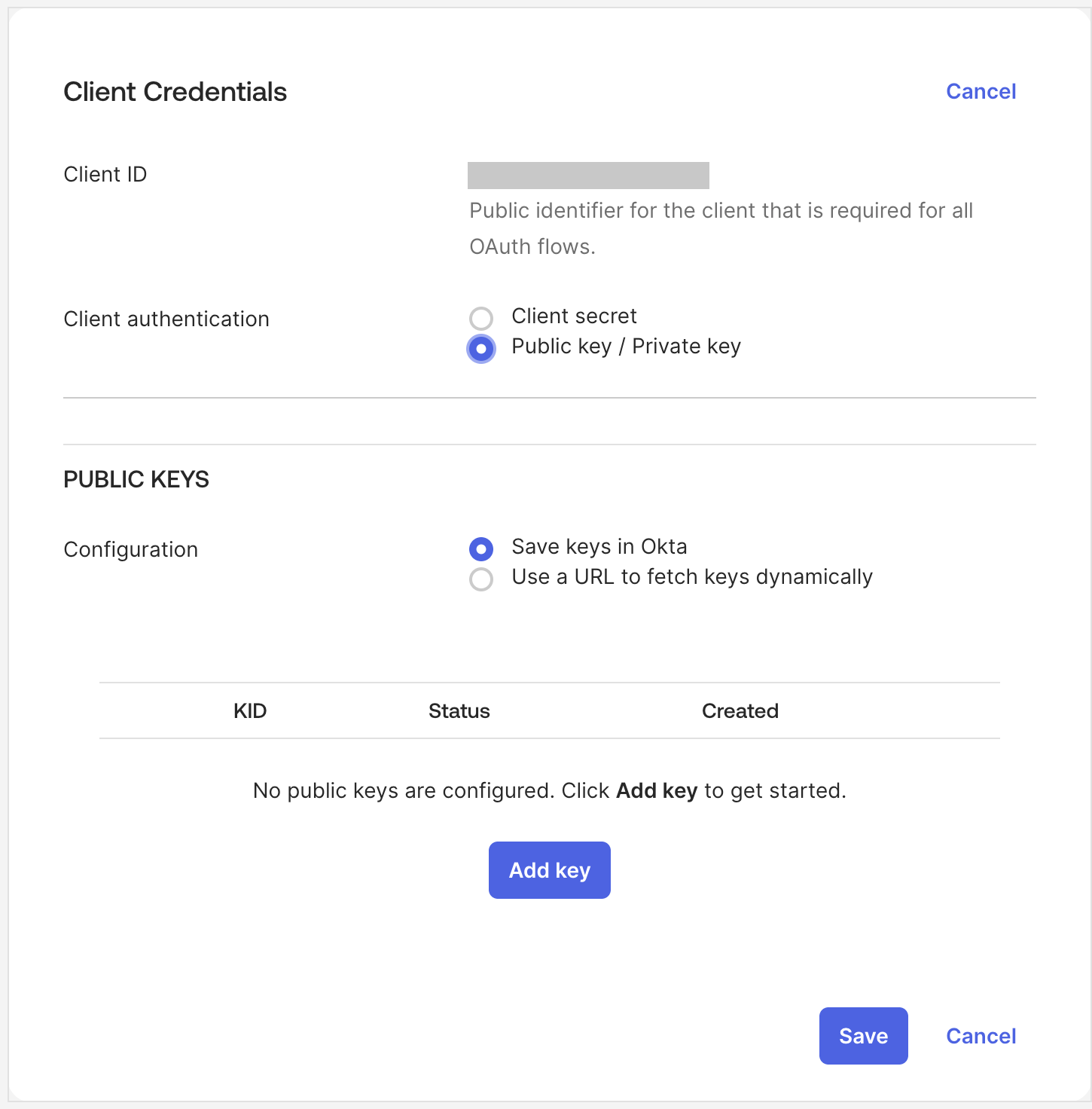 Public key / Private key selected, with Save keys in Okta and the Add key button