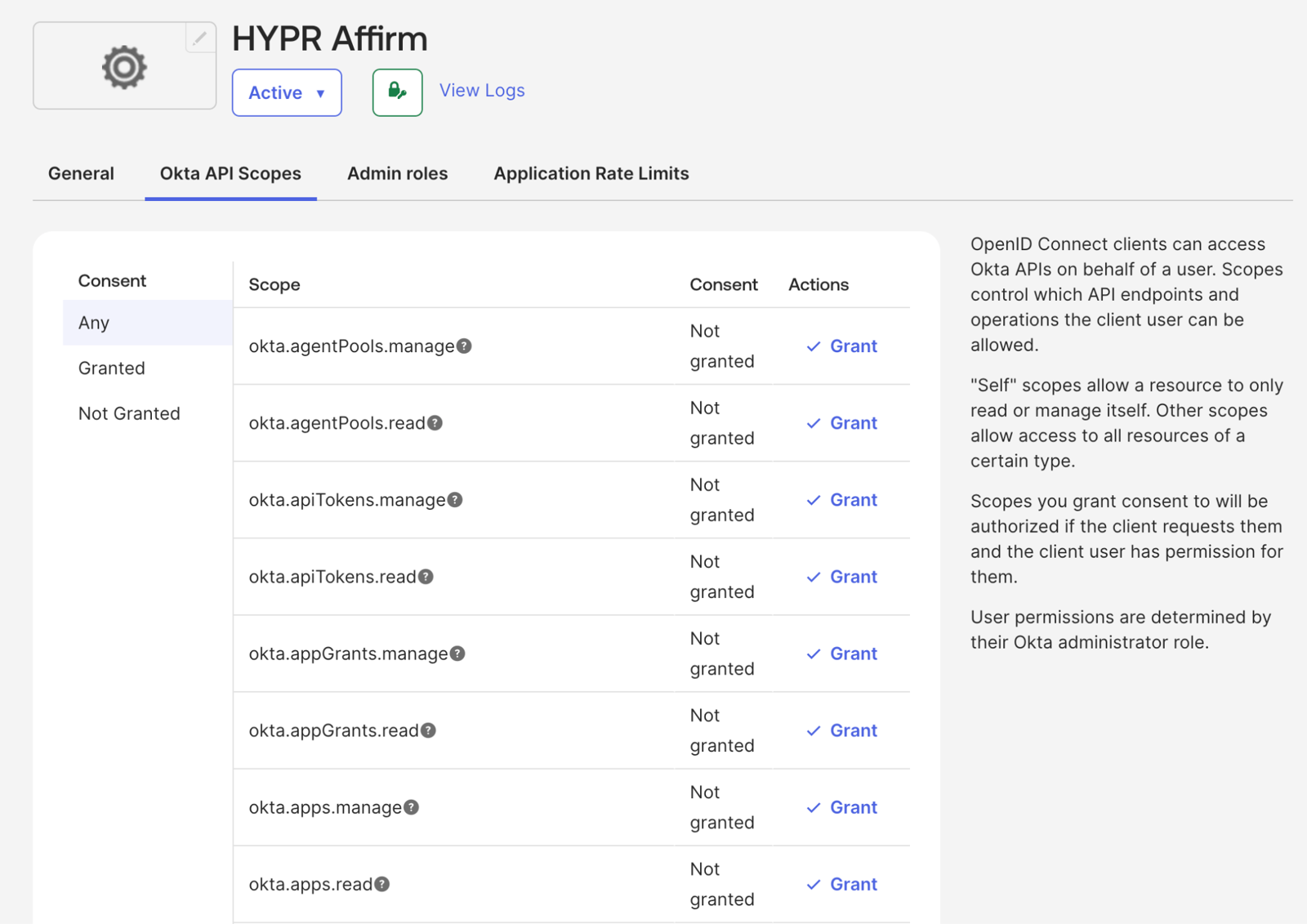 The Okta API Scopes tab, listing scopes with a Grant action for each