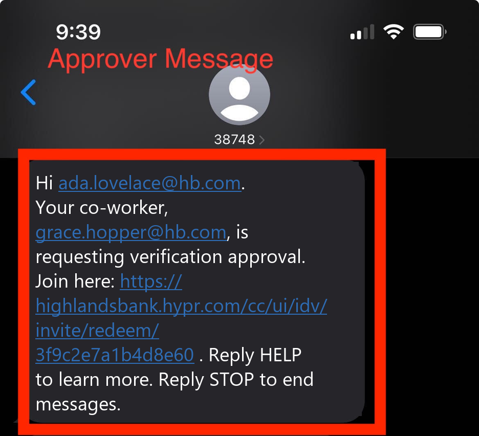 Approver invitation text message with a review link