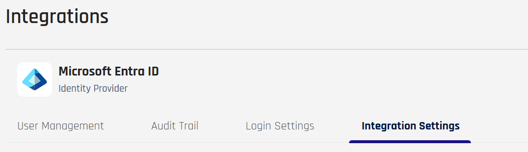 Microsoft Entra ID integration with the Integration Settings tab selected