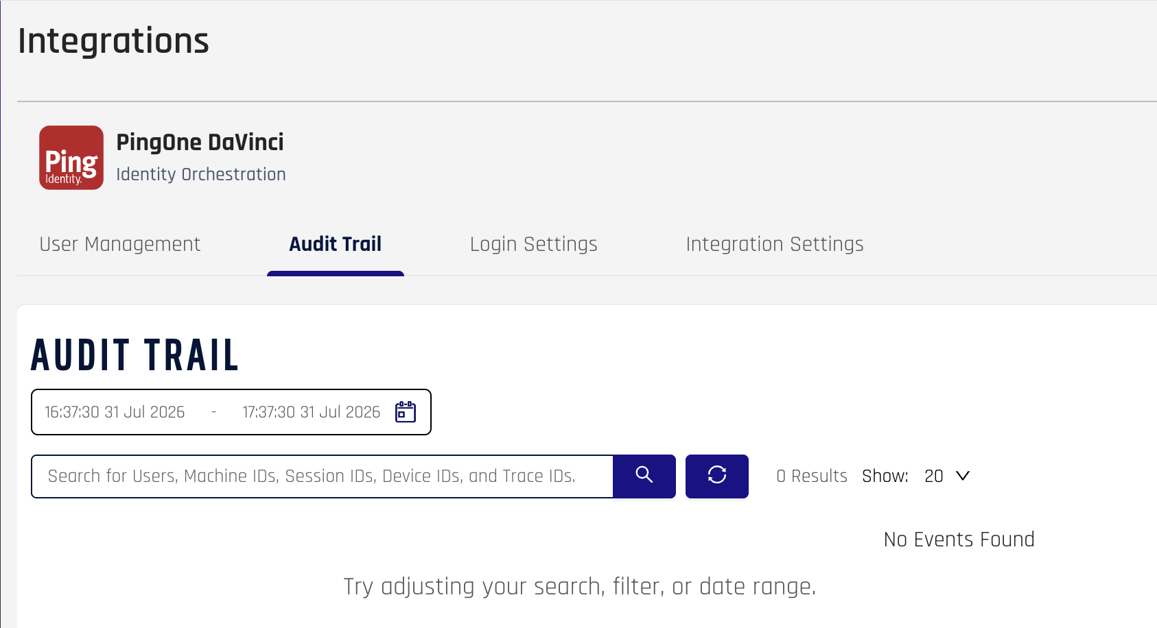 The Audit Trail tab of the PingOne DaVinci integration, with a date-range picker, a search box for users, machine, session, device and trace IDs, and a results area reporting no events for the selected range.