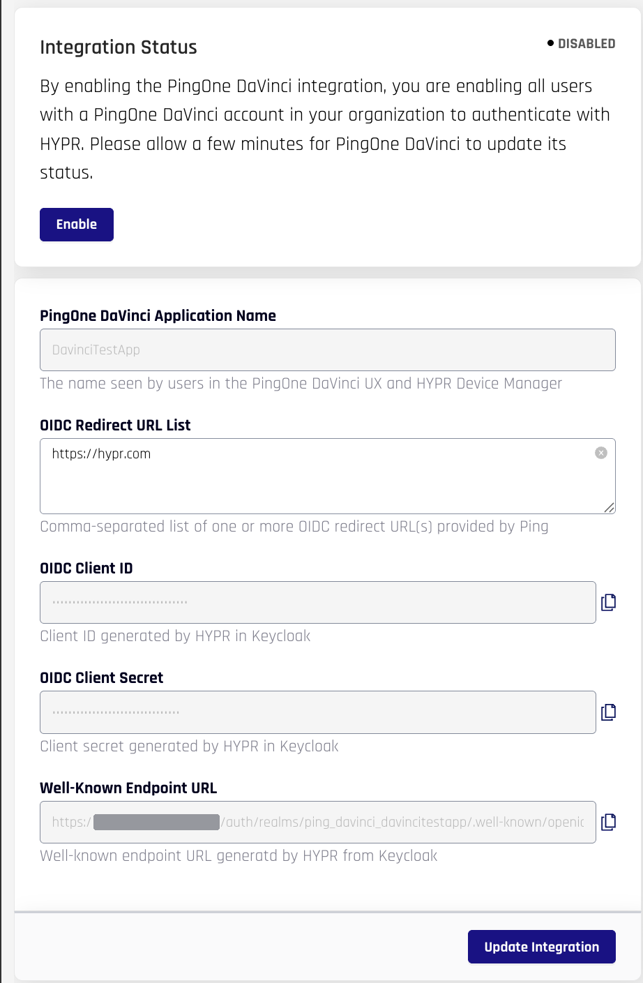 The Integration Settings tab, showing the Integration Status panel with an Enable button above the application name, OIDC redirect URL list, OIDC client ID, OIDC client secret, and well-known endpoint URL fields.