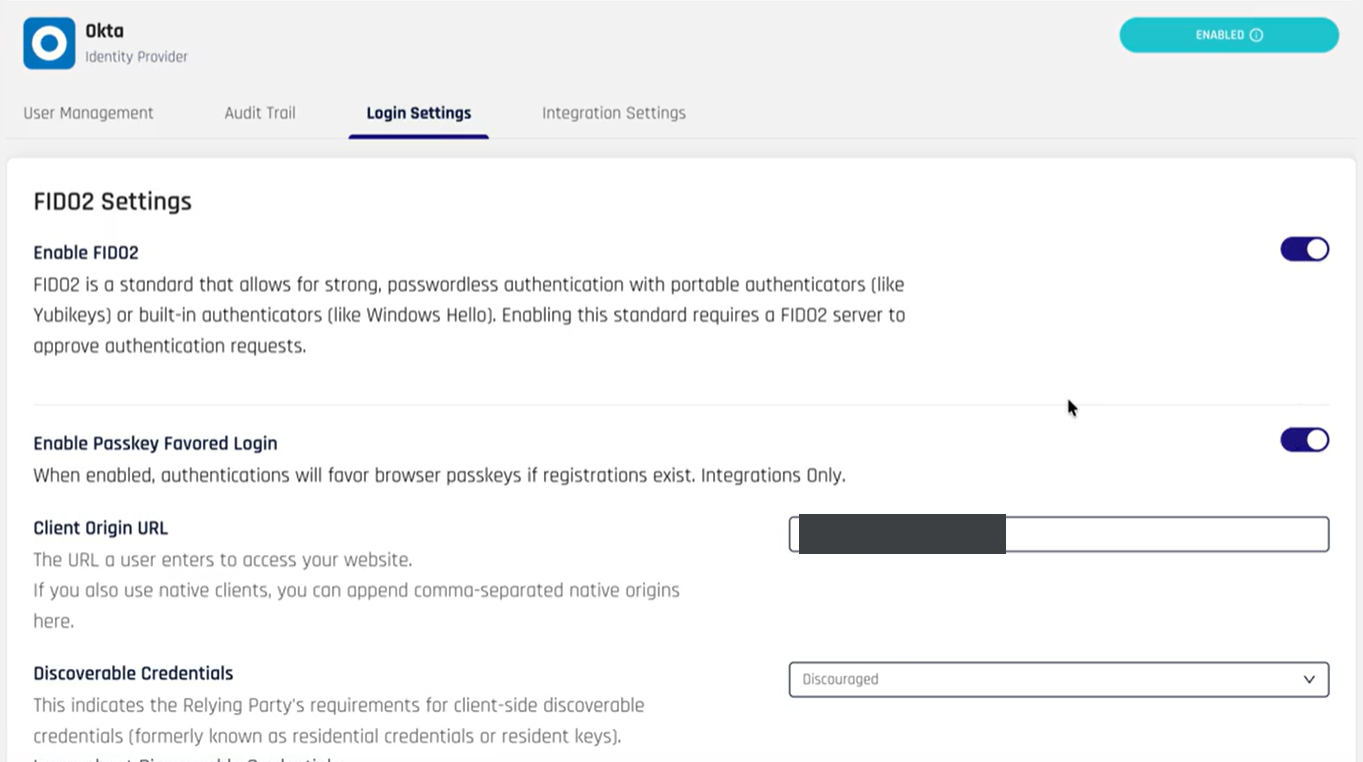 FIDO2 Settings panel in an integration's Login Settings with Enable Passkey Favored Login turned on