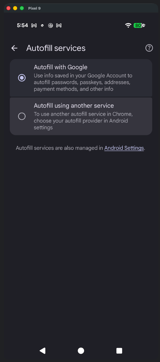 Chrome Autofill services screen with Autofill with Google selected