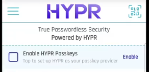HYPR Mobile App on Android with the Enable HYPR Passkeys banner
