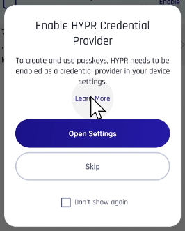Enable HYPR Credential Provider dialog with Open Settings and Skip buttons