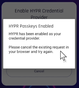 HYPR Passkeys Enabled confirmation dialog