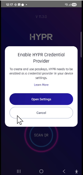 HYPR Mobile App registration-time enablement dialog over the Scan QR screen