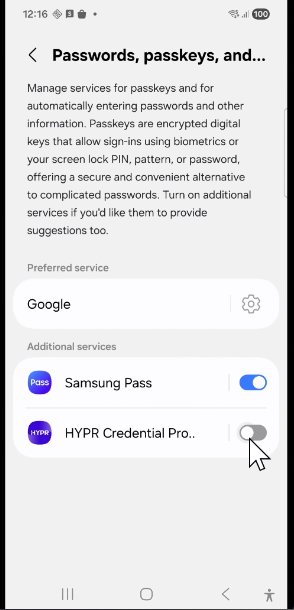 Android Passwords, passkeys, and autofill settings showing the HYPR Credential Provider toggle under Additional services