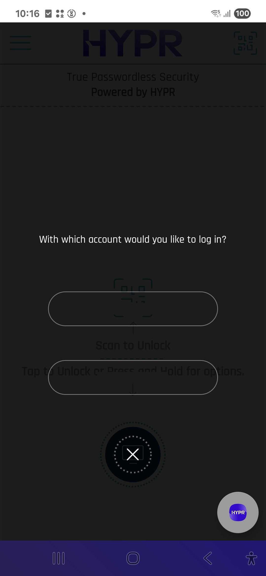 HYPR Mobile App account selection prompt during WFA QR login