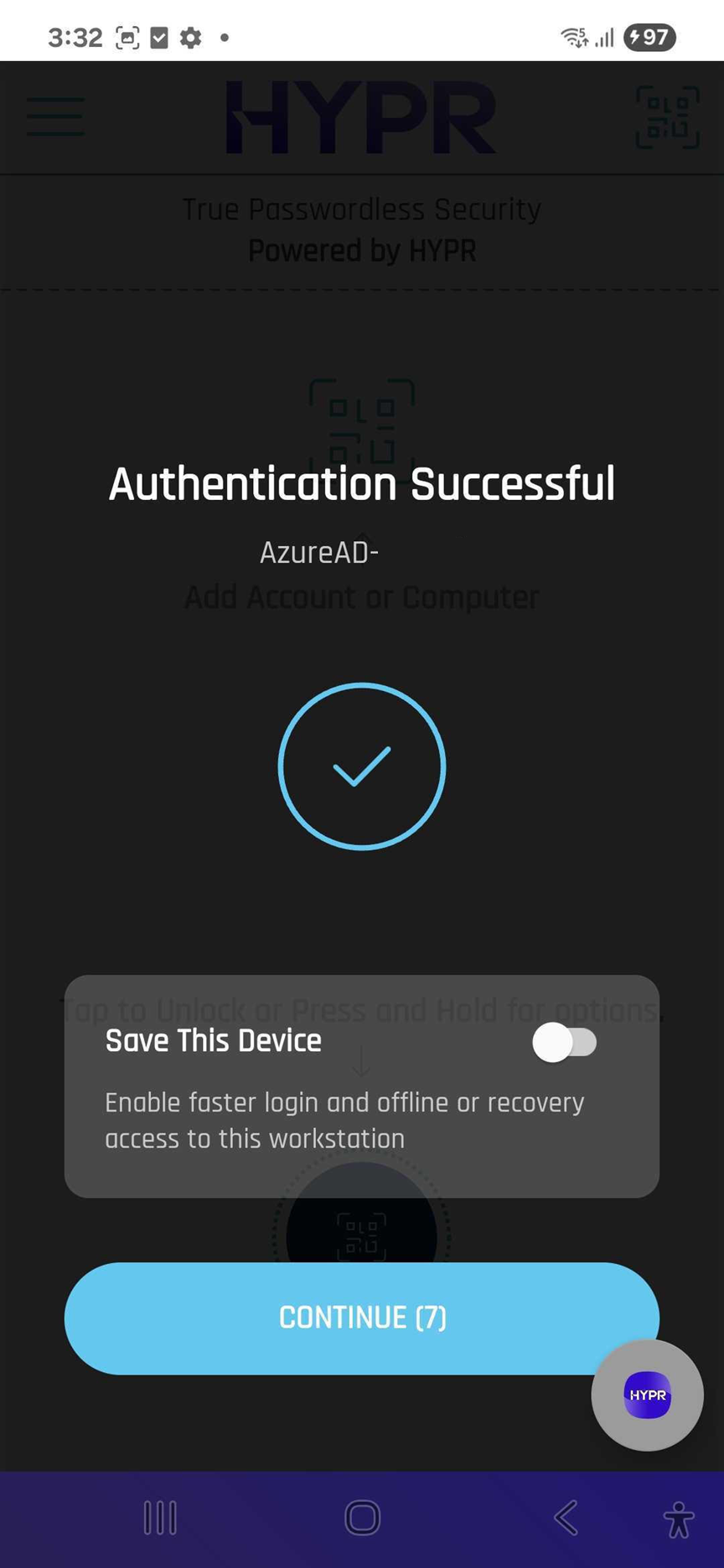 HYPR Mobile App Authentication Successful screen with Save This Device toggle and Continue button