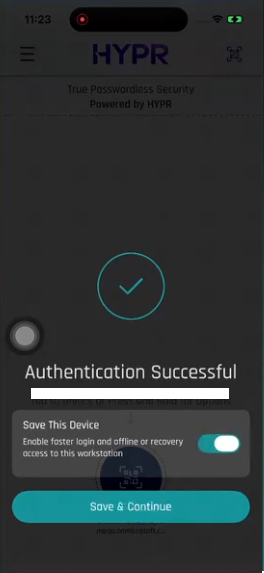HYPR Mobile App on iOS Authentication Successful screen with the Save This Device toggle on and the Save & Continue button
